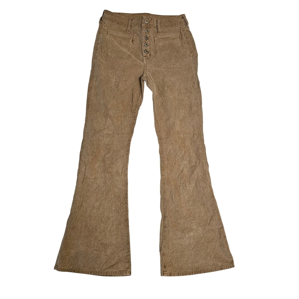 American Eagle Super Hi-Rise Flare Corduroy Pants Tan Khaki Button Fly Size 8